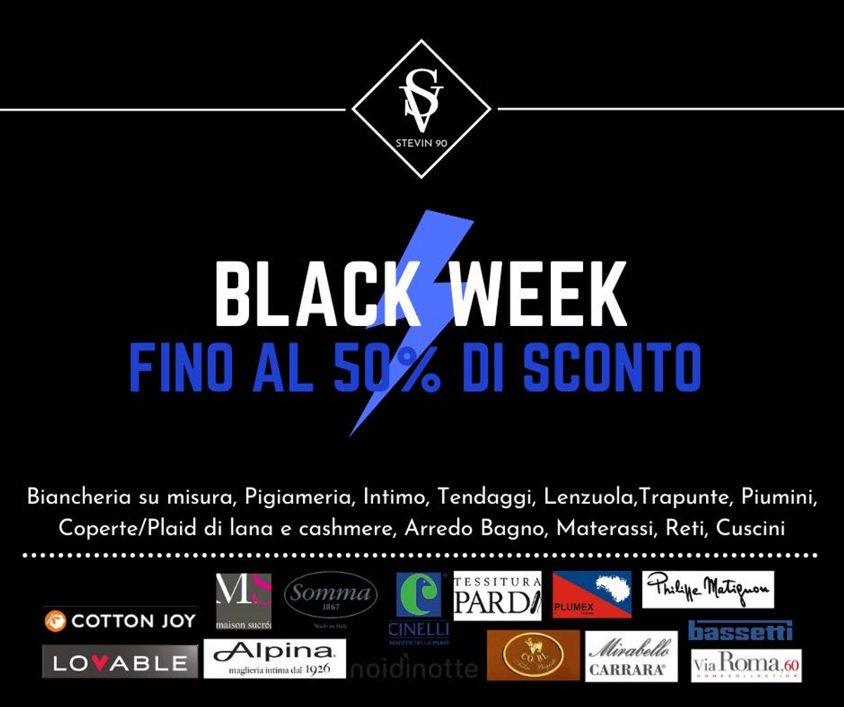 La grafica della Black Week di Stevin 90, con l'elenco degli articoli e i marchi trattati